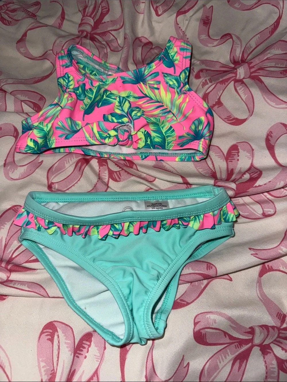 Girls' Two-Piece Tropical Swim Set - Pink & Aqua